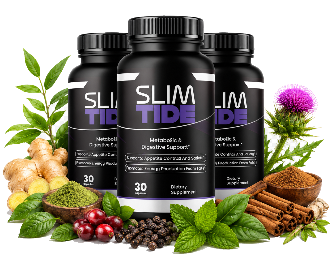 Slim Tide metabolic and digestive support supplement bottles surrounded by natural botanicals